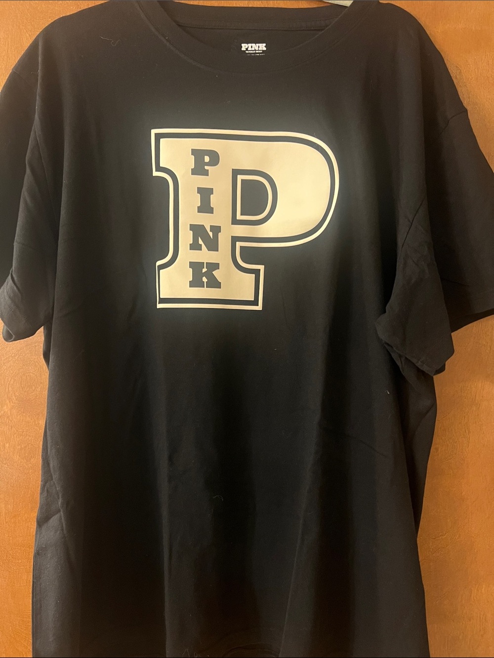 PINK Victoria's Secret Black Tee with Cream Block 'P' Logo